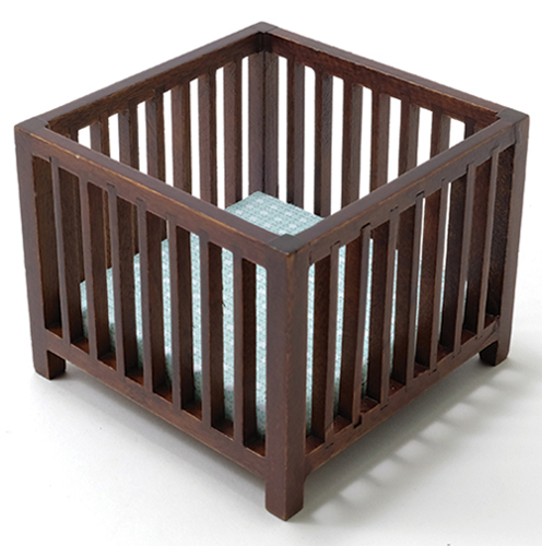 Slatted Play Pen, Oak with Blue Pattern Fabric